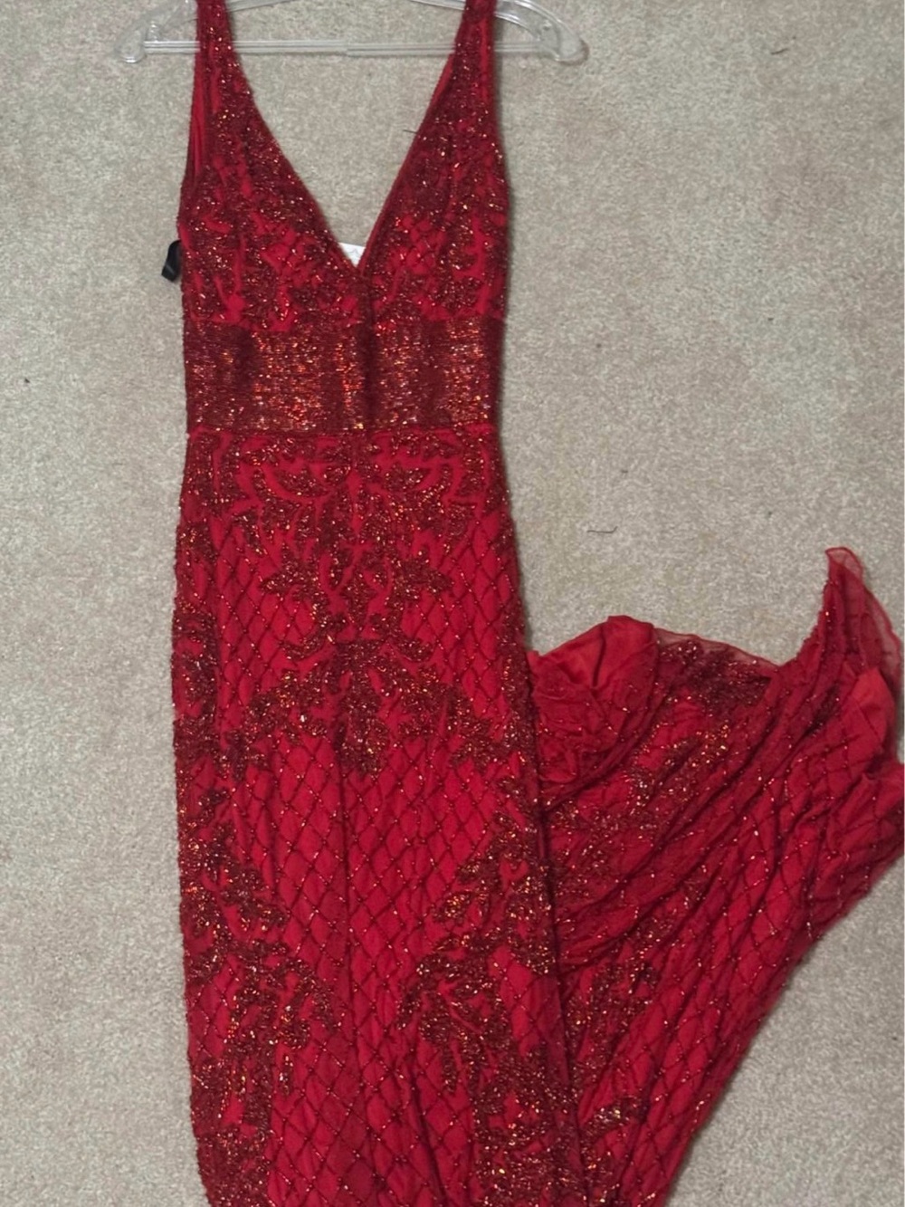 Primavera Couture Red Beaded V-Neck Evening Gown